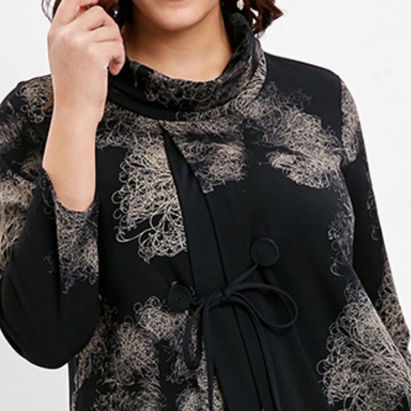 Plus Size Cowl Neck Printed Black Midi Dress - Picture 6 of 8